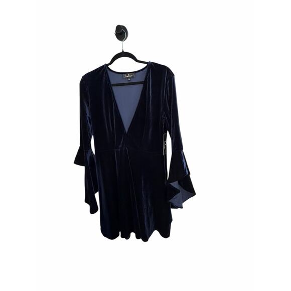 Lulus Navy Blue Velvet Bell Sleeve Skater Dress Small Deep V Cocktail Party - Picture 10 of 12